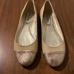 Jimmy Choo Nude Patent Leather Glitter Cap Toe Whirl Flats